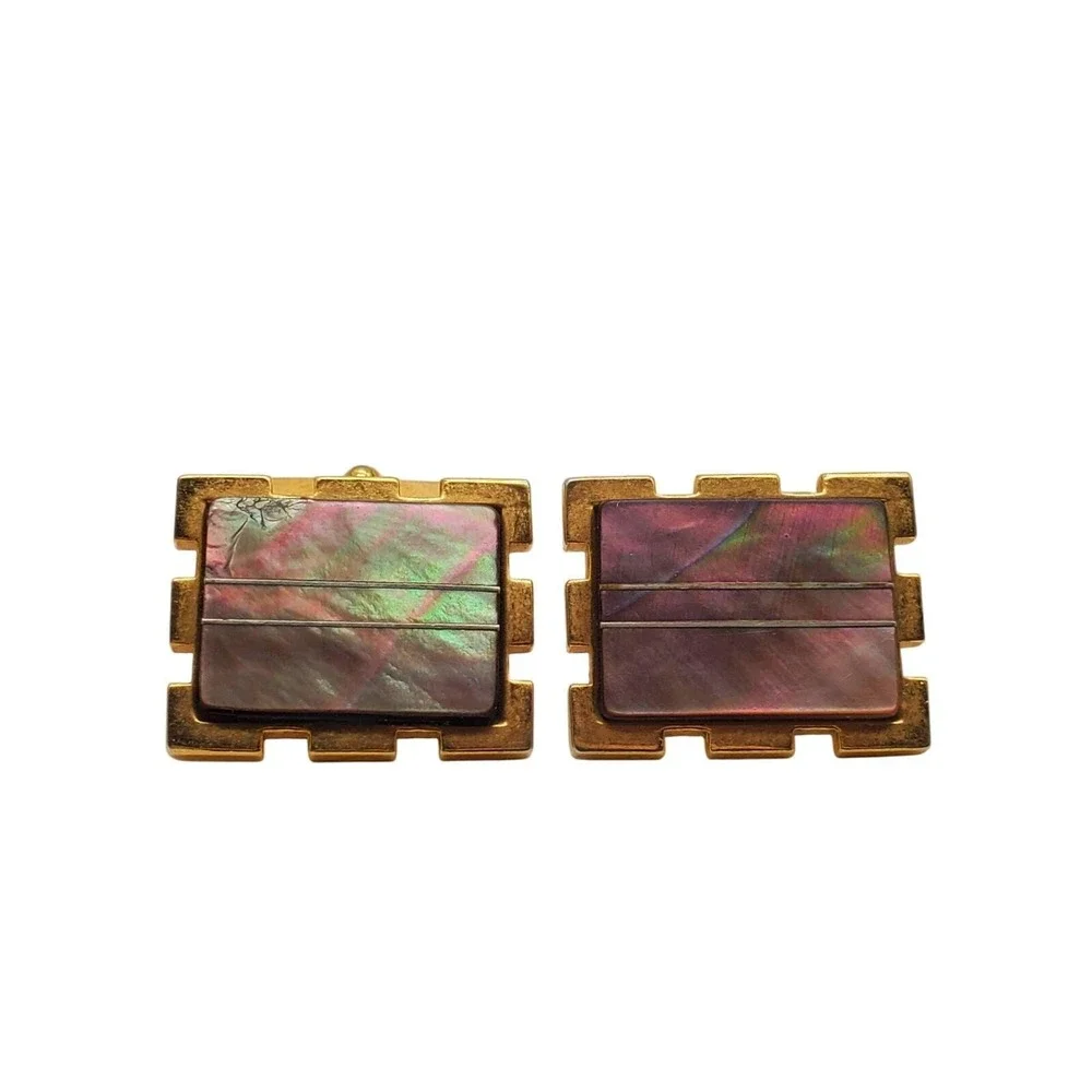 Cufflinks Abalone Shell Gold Tone Rectangle Inlay Iridescent 1960s Mid Century